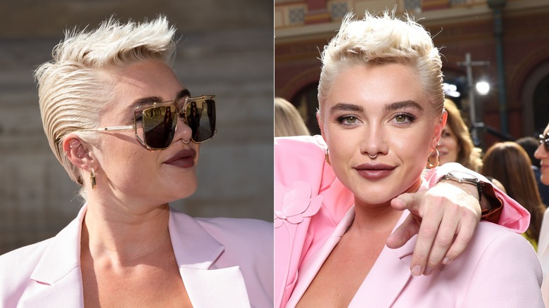 Side by side: Florence Pugh with a pixie styled like a mohawk