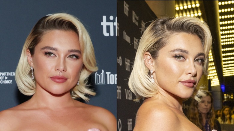 Florence Pugh wearing a romantic curled bob in two side by side pictures