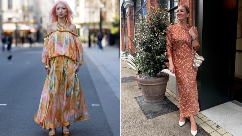 A woman in an abstract floral print, and one wearing a fawn print