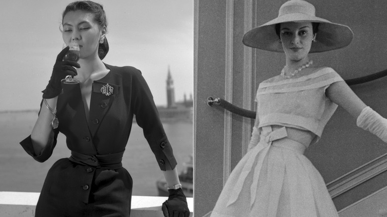 Models in the 1950s showing off cinched waists with circle skirts