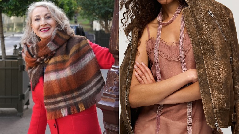 A woman wearing a chunky scarf outside