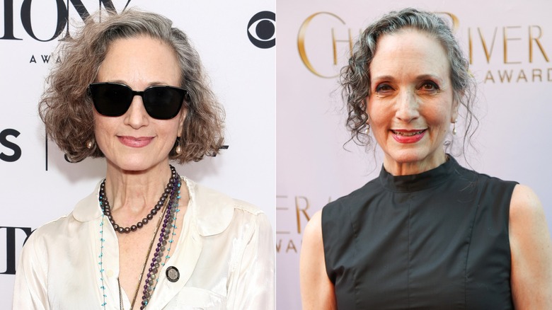 Photos of Bebe Neuwirth on the red carpet in 2024 wearing a white blouse with fun necklaces and black sunglasses on the left and in 2026 wearing a black top with her hair up.