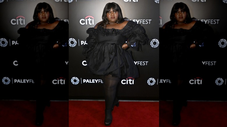 Gabourey Sidibe wearing a ruffled black dress