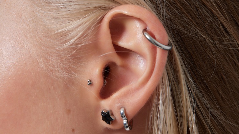 Ear with many piercings