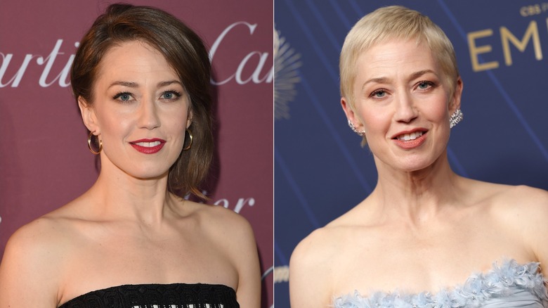 (L) Carrie Coon with brown chin length hair in 2015; (R) Carrie Coon with a short blond pixie in 2025