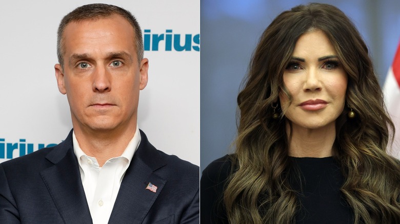 A split image of Corey Lewandowski and Kristi Noem