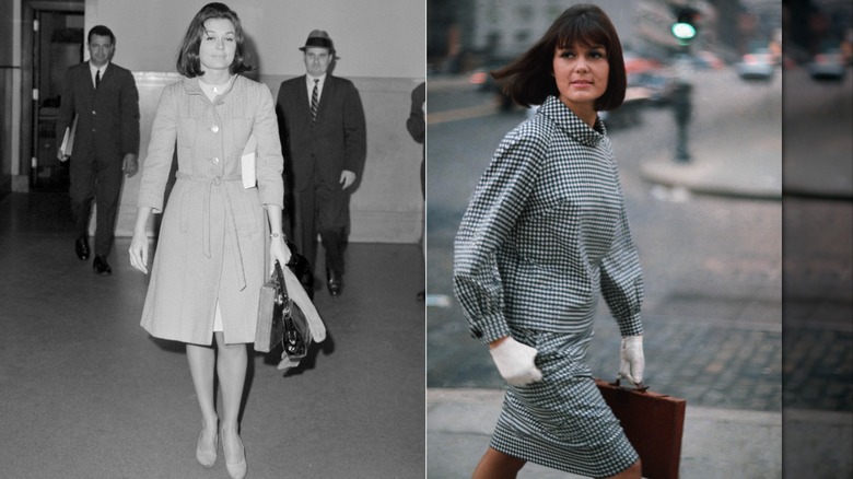 Gloria Steinem outside the Supreme Court after being subpoenaed by the S.L.A. in May 1963 / Gloria Steinem in a checkered skirt suit for Glamour magazine in February 1964