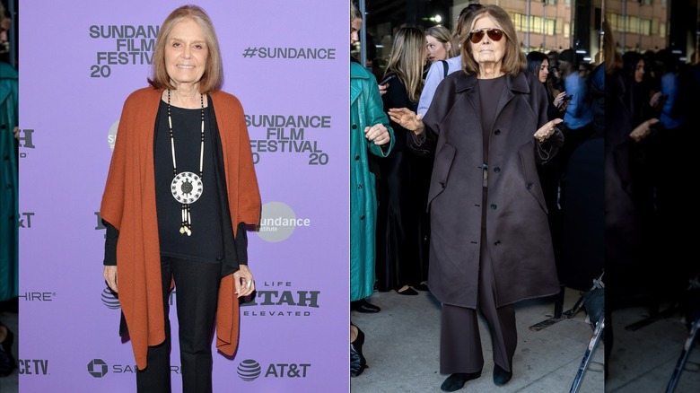 Gloria Steinem at the "The Glorias" premiere during Sundance Film Festival in Park City, Utah in January 2020 / Gloria Steinem at the Michael Kors fall/winter runway show during New York Fashion Week in February 2023