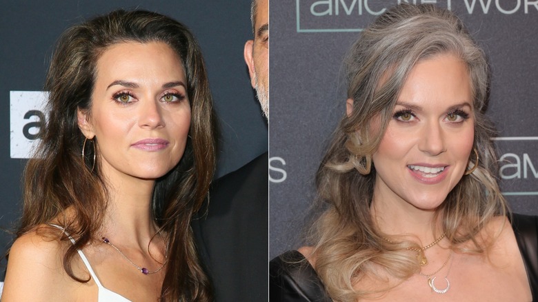 Hilarie Burton with brown hair with honey blond ends (L) Hilarie Burton with gray-to-blond hair (R)