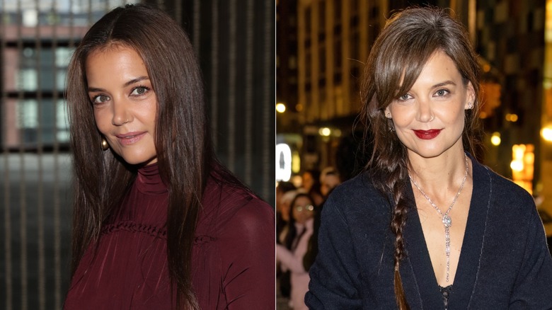 Katie Holmes with straight brown hair (L) Katie Holmes with a brown plait with gray roots (R)