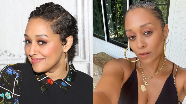Tia Mowry with a short black pixie cut (L) Tia Mowry with two french braids and gray roots (R)
