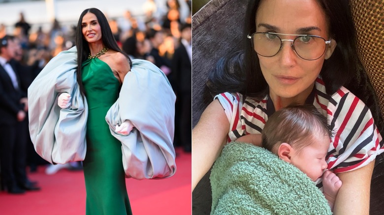 Demi Moore in a green dress on the left and holding her grandbaby on the right