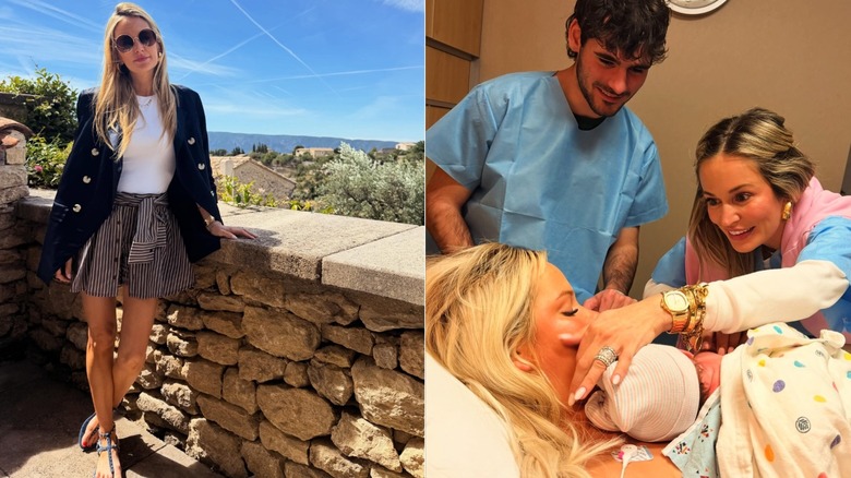Emily Maynard smiles on a balcony and reaches for her daughter and grandchild