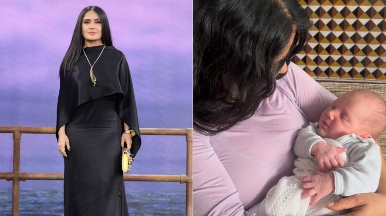 Salma Hayek posing in a black dress on the left and holding her grandbaby on the right
