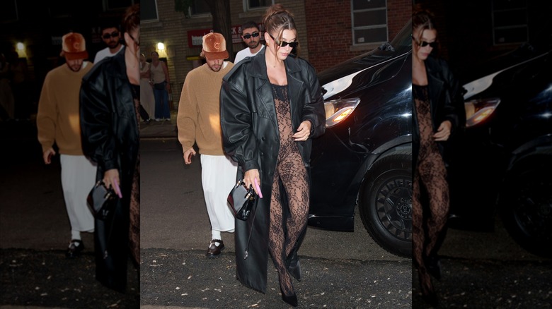 Pregnant Hailey Bieber in lace jumpsuit