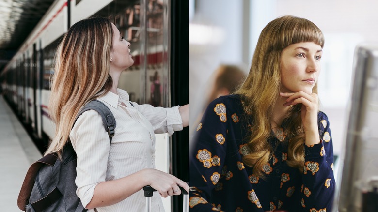 Two women with highlights in their hair doing everyday things.