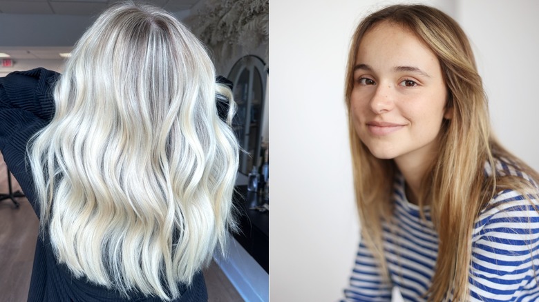 A woman with platinum blond hair and a woman with dark blond hair posing.