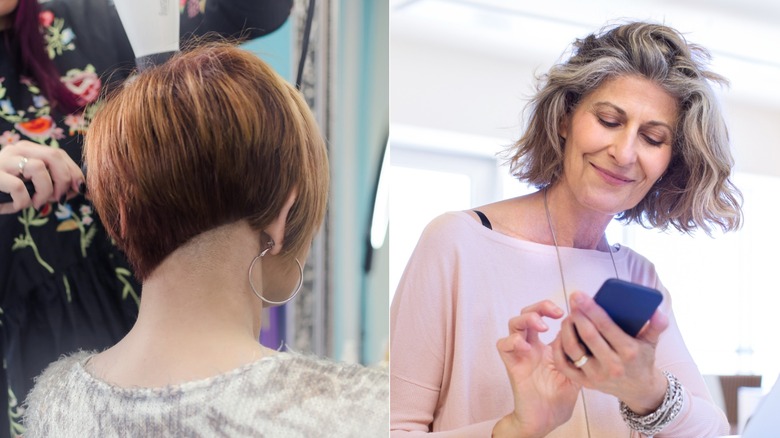 A woman getting her hair cut into a bob and another woman on her phone.