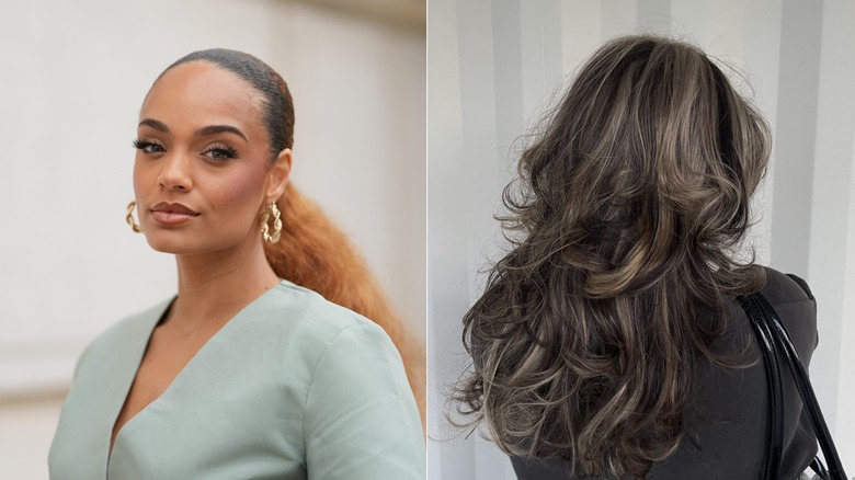 A side-by-side of a slicked-back hairstyle and a bouncy blowout