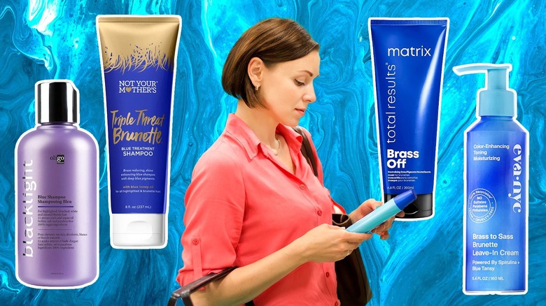 Brunette woman with blue shampoos