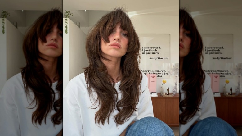 A person with a long wavy brunette shag cut