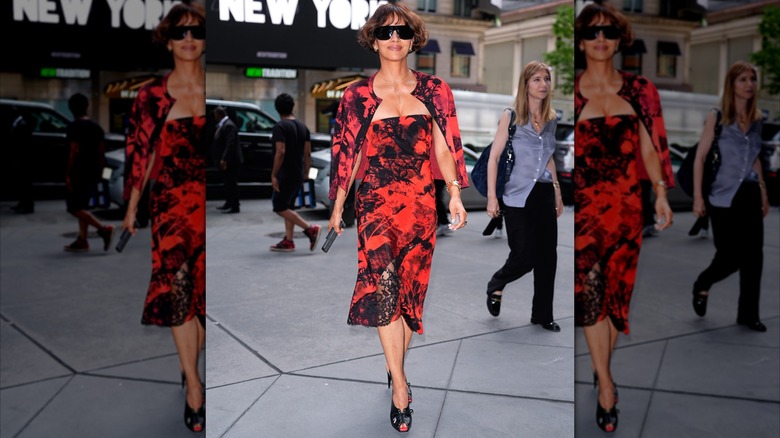 Halle Berry in a red a black printed dress in New York City in May 2026