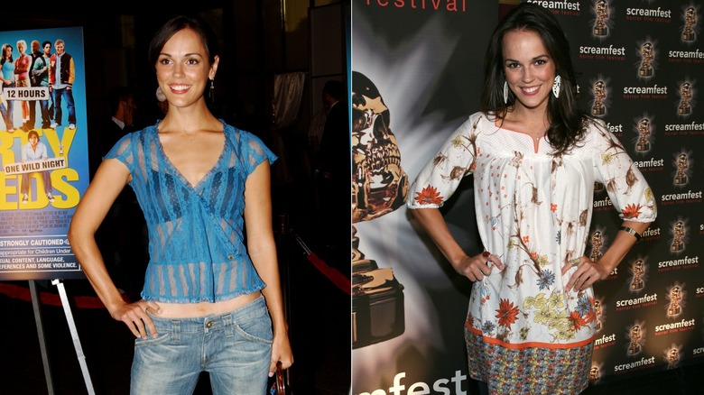 Erin Cahill wearing a sheer blue top and floral shirt