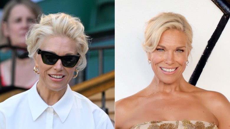 Hannah Waddingham wearing a white shirt with black sunglasses on the left and at an event with a side-swept updo on the right.