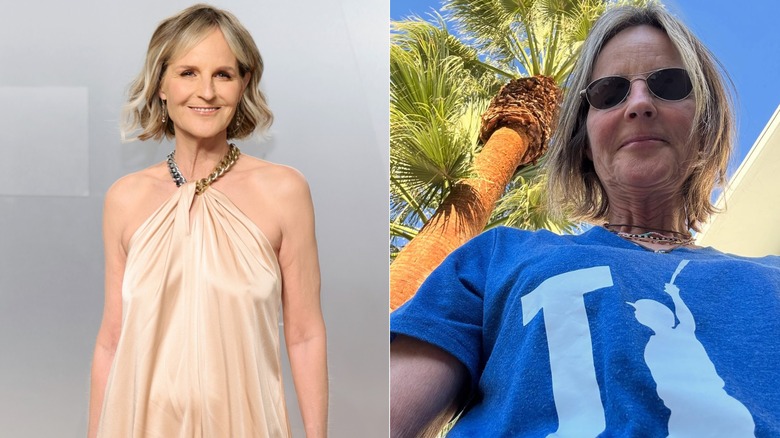 Side-by-side comparison of Helen Hunt in private and public scenarios.