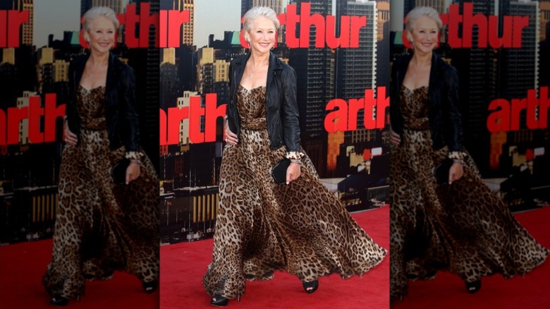 Helen Mirren arrives at the Arthur premiere wearing a leopard-print dress