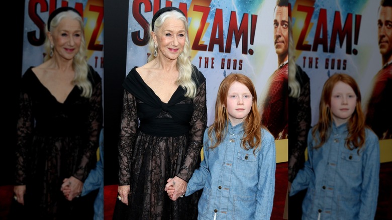 Helen Mirren holding hands her step-grandson Basil at the premiere of "Shazam! Fury of the 4"