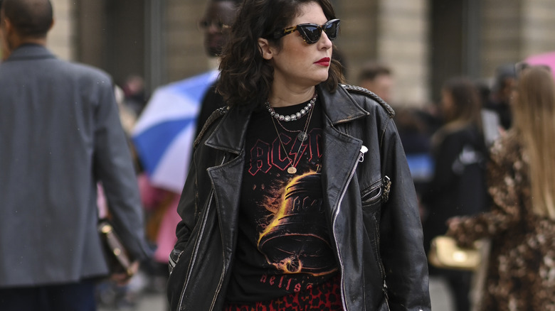 Grunge band tee leather jacket.