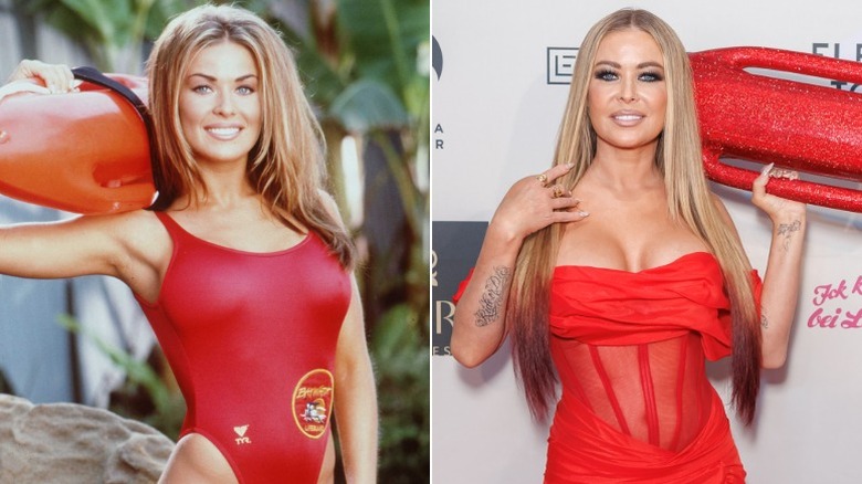 Carmen Electra on the set of "Baywatch" and in 2026 at an event in Germany