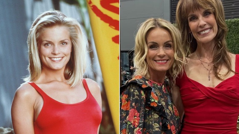 Kelly Packard in a promo photo from "Baywatch" and posing with former co-star Alexandra Paul in 2026