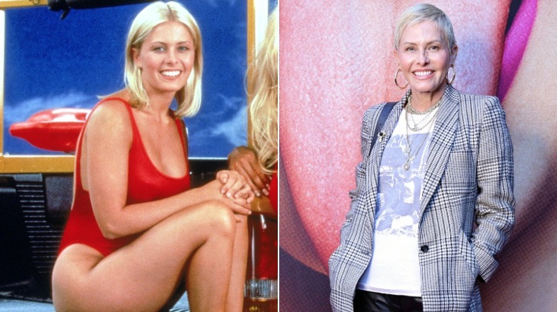 Nicole Eggert in a "Baywatch" promo photo and at a 2026 film premiere