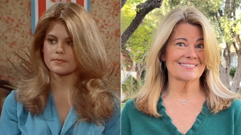 Lisa Whelchel wearing a blue and green top