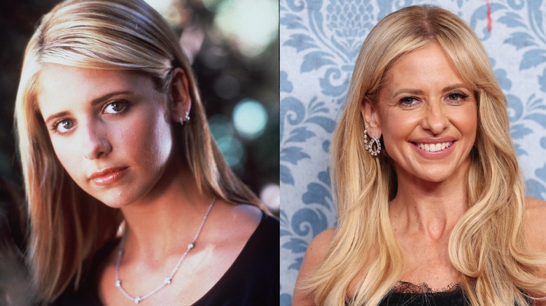 Sarah Michelle Gellar as Buffy the Vampire Slayer on the left and in 2026 at a red carpet event on the right.