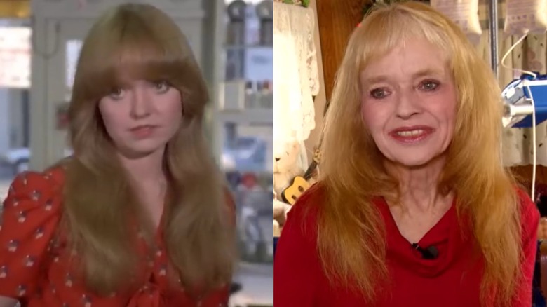 Susan Richardson smiling for a portarit in the 1970s next to a photo of her during a 2017 interview in her trailer.