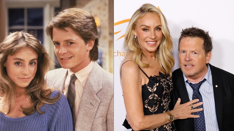 Tracy Pollan with michael j. fox in 1985 and the pair in november 2026 at a parkinson's event