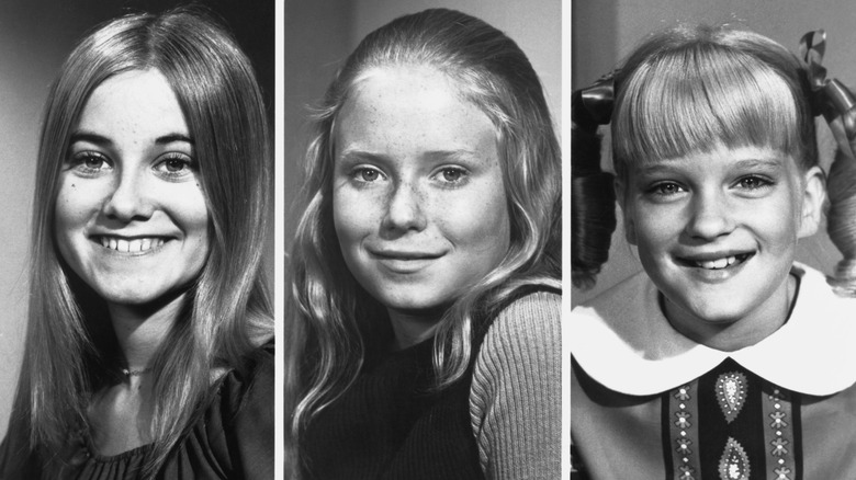 Black and white composite image of The Brady Bunch cast members Maureen McCormick, Eve Plumb, and Susan Olsen.