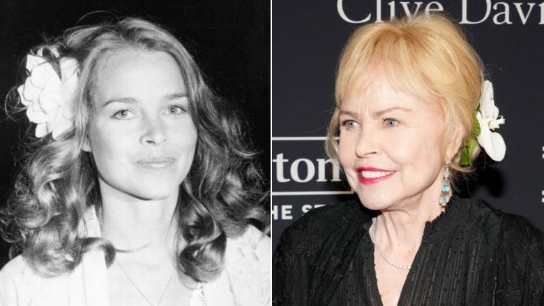 Michelle Phillips wearing flowers in her hair for Hollywood events
