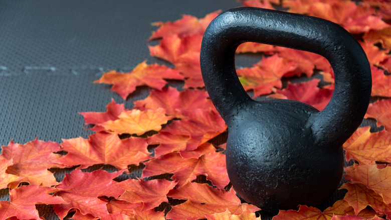 Iron kettlebell atop orange fall leaves