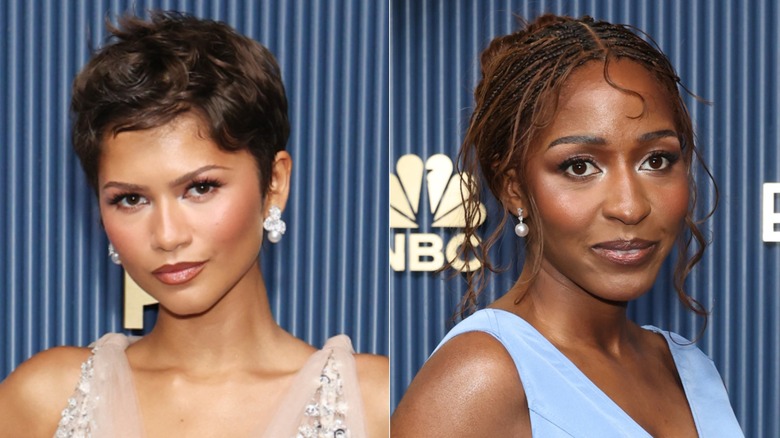 Zendaya and Ayo Edibiri wearing pearl earrings at the 2026 Emmys