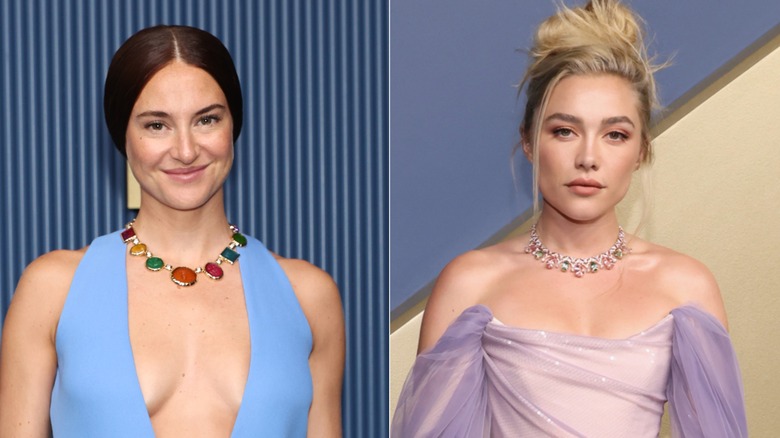 Shailene Woodley and Florence Pugh wearing colorful necklaces at the 2026 Emmys