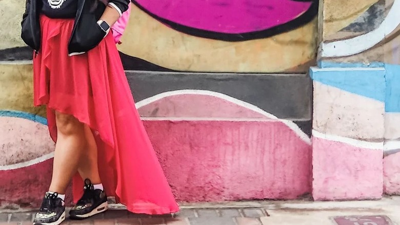 Closeup of red high-low skirt