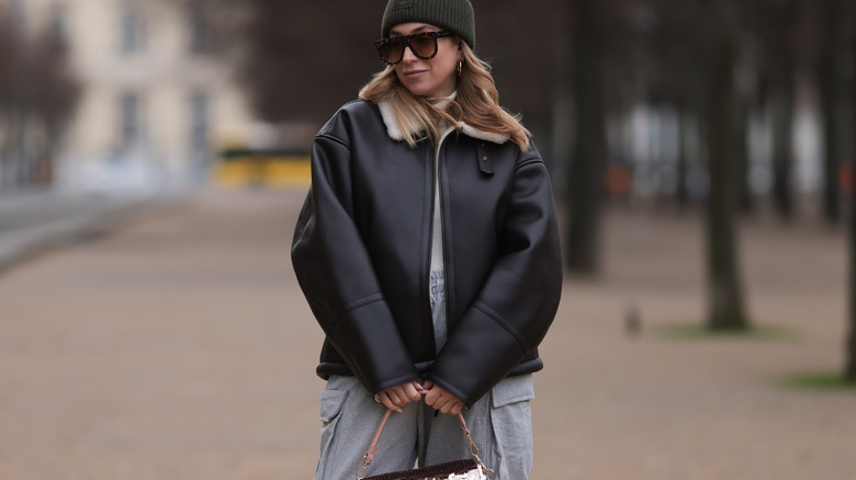 Woman wearing sweats in winter