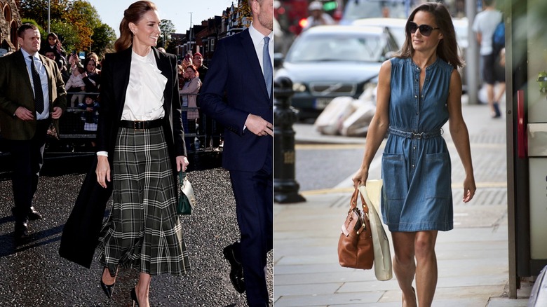 L: Kate Middleton in a plaid skirt and ruffled blouse. R: Pippa Middleton in a denim shift dress