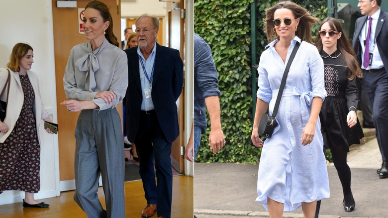 L: Kate Middleton in a polished blouse and gray slacks. R: Pippa Middleton in a blue-and-white striped dress