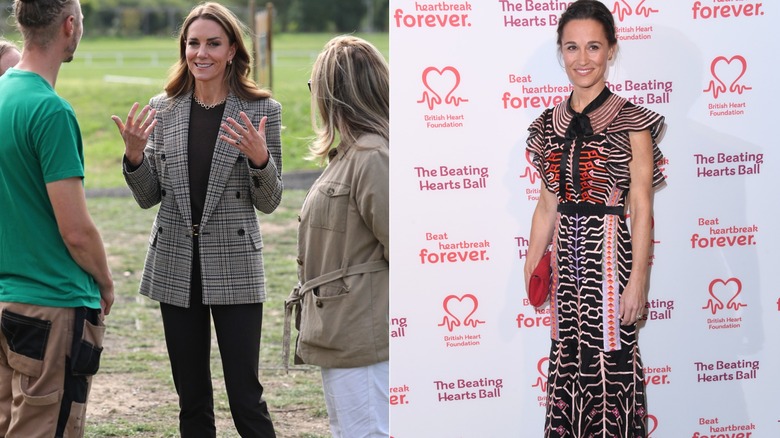 L: Kate Middleton in a tweed blazer and black pants. R: Pippa Middleton in a busy patterned dress