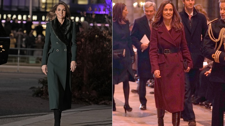 L: Kate Middleton in a deep-green fur-trimmed coat. R: Pippa Middleton in a deep-red coat and boots